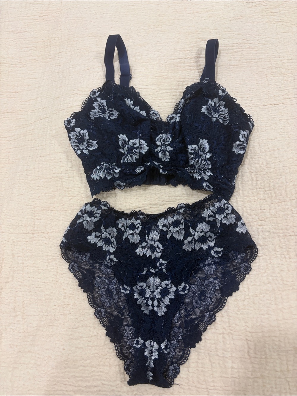 Cosabella Navy Lace Bralette & High-Waist Brief Set with Light Floral Embroidery